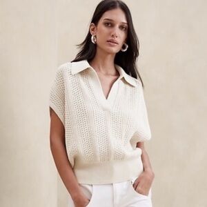 Banana Republic 100% Cotton Janette Crochet Knit Sleeveless Sweater Polo Small
